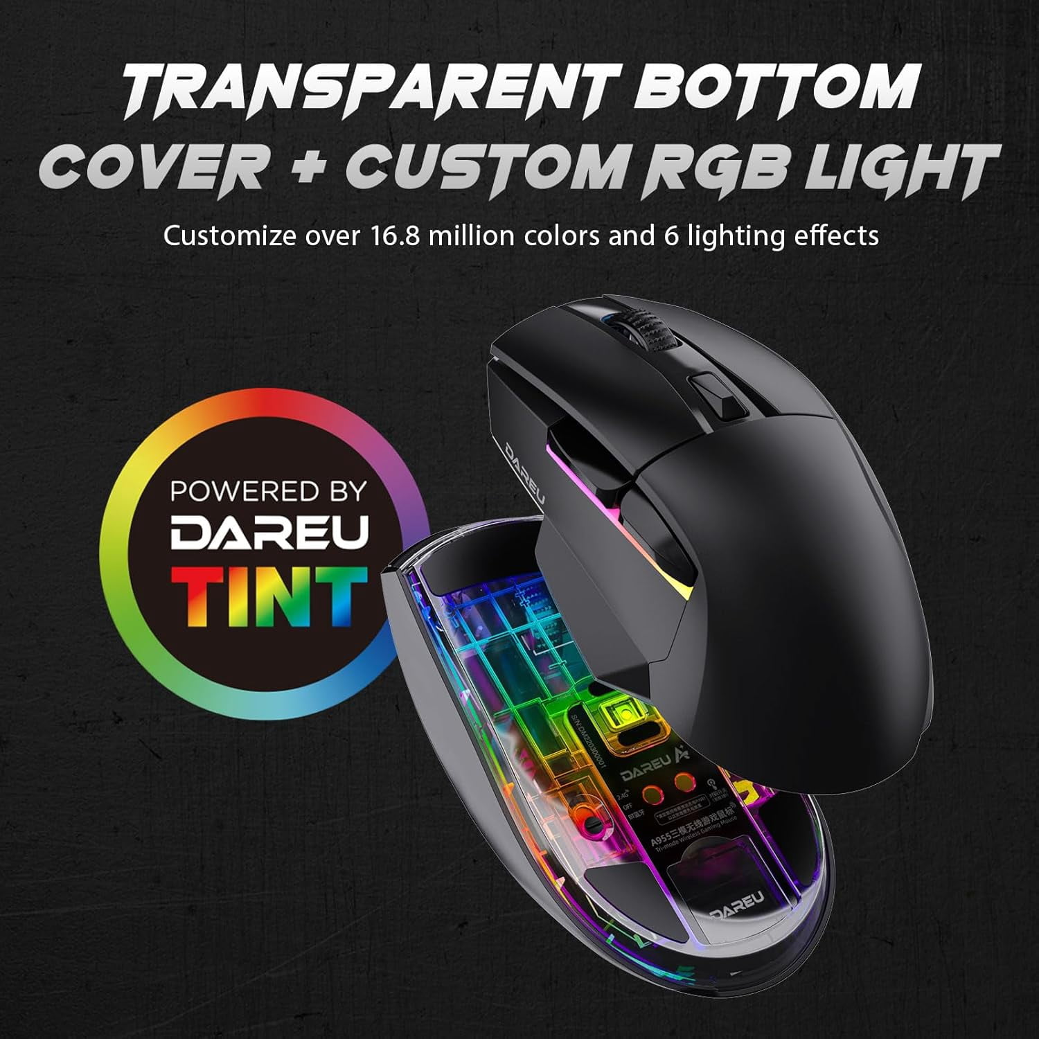 DAREU A955 Lightweight Wireless Gaming Mouse with RGB Charging Dock: Tri-Mode 2.4G/USB-C/BT Mouse Up to 12K DPI Optical Sensor -KBS II Buttons Fully Programmable- 120 Hr Battery
