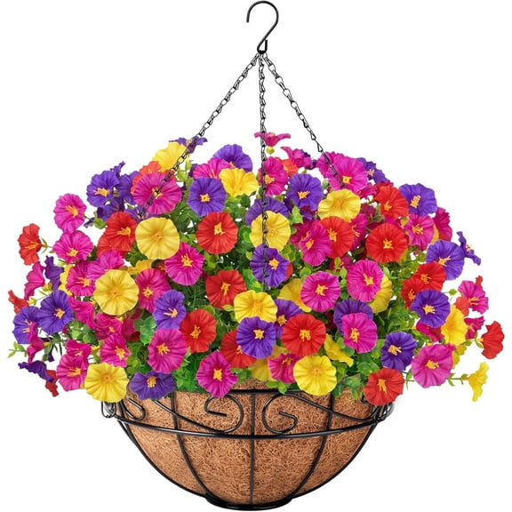 Artificial Hanging Plants Flowers Basket for Spring Summer Outdoor Decor, Fake Hanging Flowers Faux Silk Morning Glory UV Resistant for Patio Yard Porch Garden Home Decorations, Fuchsia