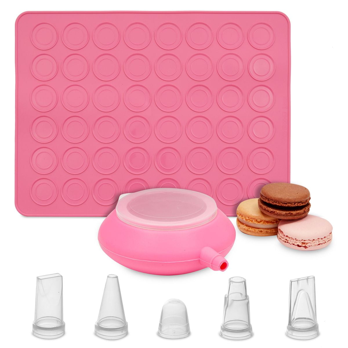 Nozzles Pink, 7 Pieces Piping Pot Macaron Baking Mold Set with Silicone Mat 
