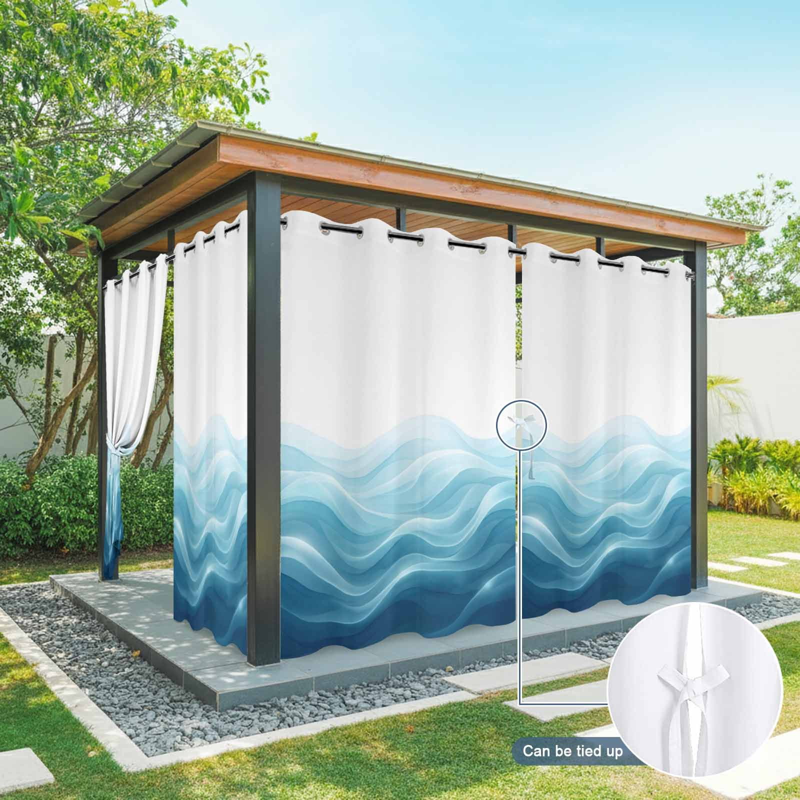 Teal Blue Ombre Outdoor Curtains for Patio, Abstract Modern Gradient Ripple Sunshade Privacy Drapes Grommet Waterproof Outside Curtains for Porch/Cabana/Balcony 54"x 108", 1 Panel