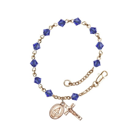 14kt Yellow Gold Filled Rosary Bracelet 5mm September Blue Swarovski Rundell-Shaped beads Crucifix sz 5/8 x 1/4.