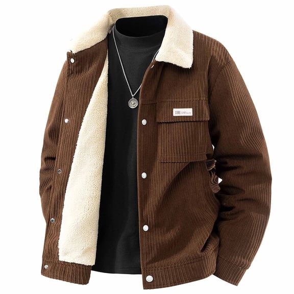 COSFO Jacket for Men Winter Brown Work Corduroy Shacket with Pockets Long Sleeve Button Down Collar Men Coat