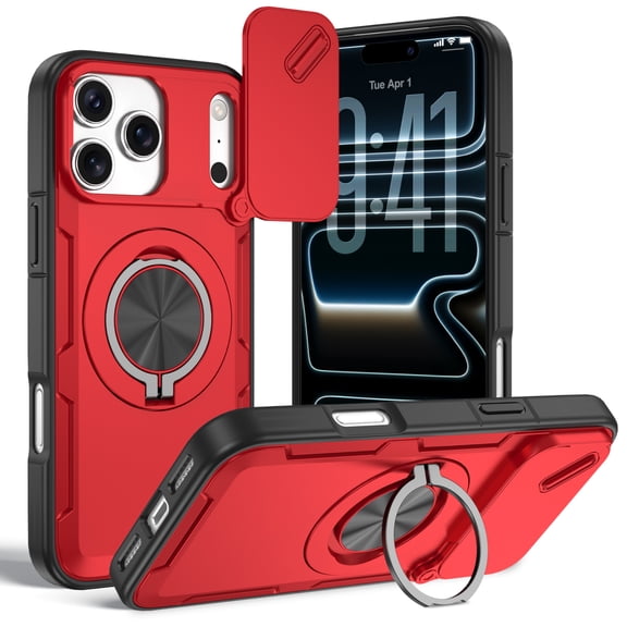 Luxury Magnetic Case for iPhone 18 Pro Max with 360° Rotating Ring Stand and Sliding Camera Cover, Matte Ultra Slim Protective Anti-Scratch Lightweight Phone Case for iPhone 18 Pro Max, Red