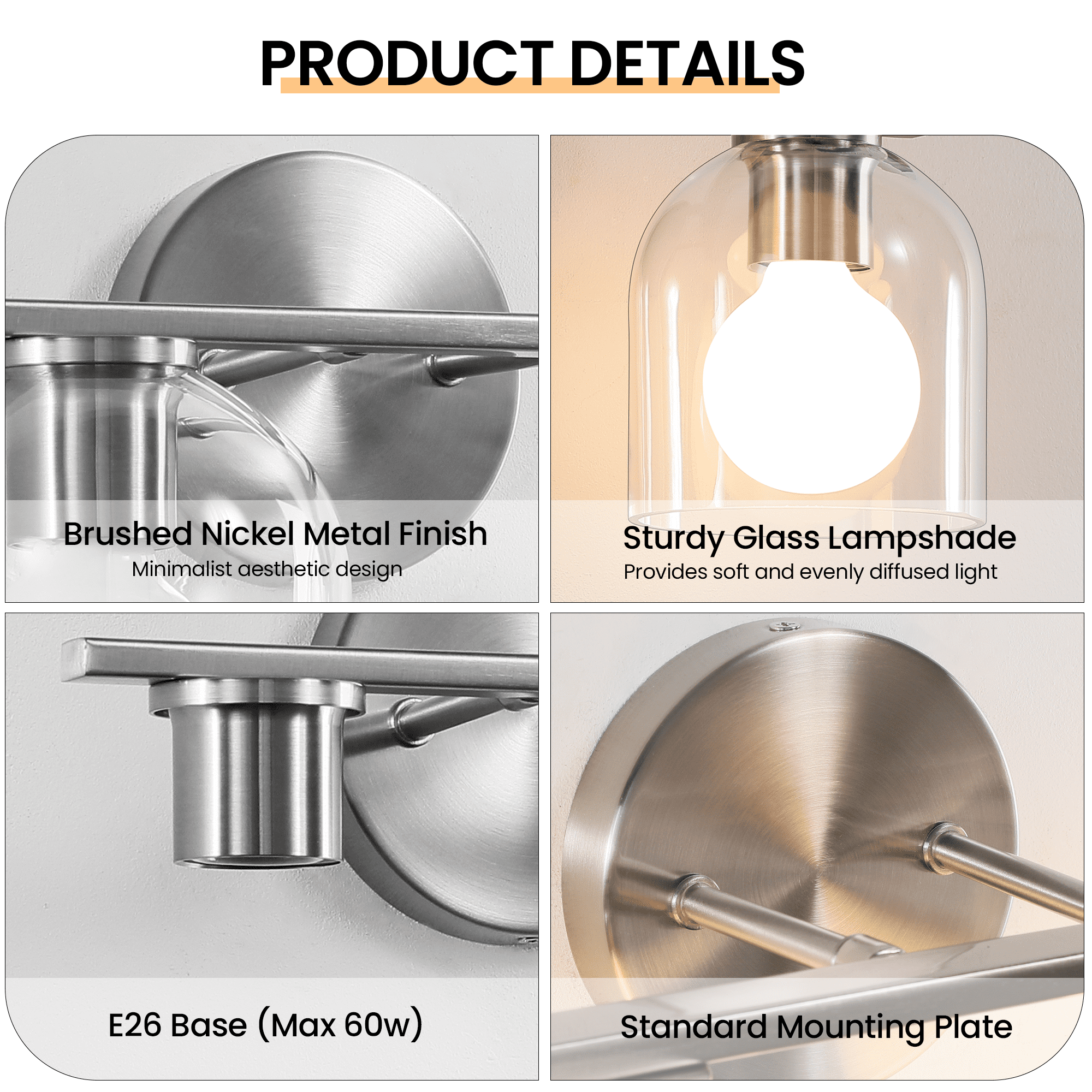 Modern Bathroom Light Fixtures, 2 Light Vanity Lights Over Mirror, Brushed Nickel Wall Lamp with Clear Glass Shade for Living Room Cabinet Bedroom Porch