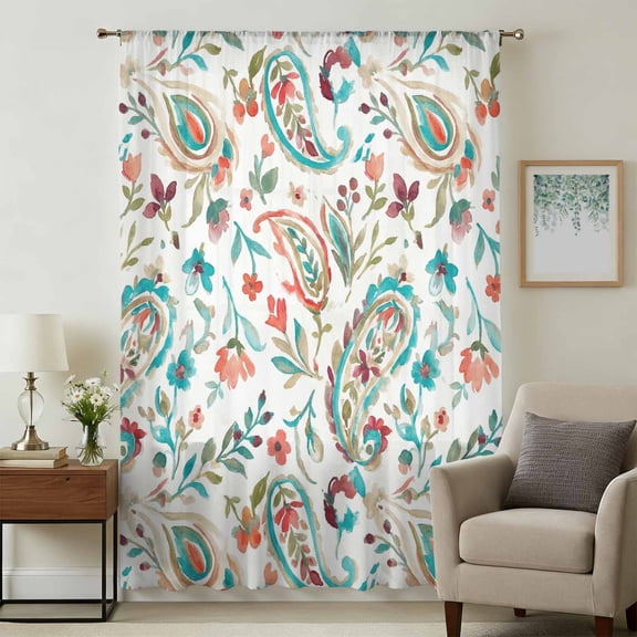 Boho Flower Sheer Curtains 63 Inches Long, Spring Paisley Floral Leaf Plant Light Filering Curtains, Breathable Simi Curtain Privacy Drapes for Living Room Bedroom Lightweight Window Treatment