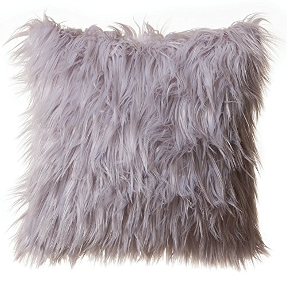 Faux Fur Throw Pillow 18"x18" (Cover Only), Mongolian Long Hair Silver