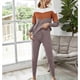 thumbnail image 4 of Top de cuello redondo, pantalones, ropa de descanso, 2 piezas, Color de contraste, manga larga, lazo en la cintura, ropa de dormir de punto informal para mujer, 4 of 6