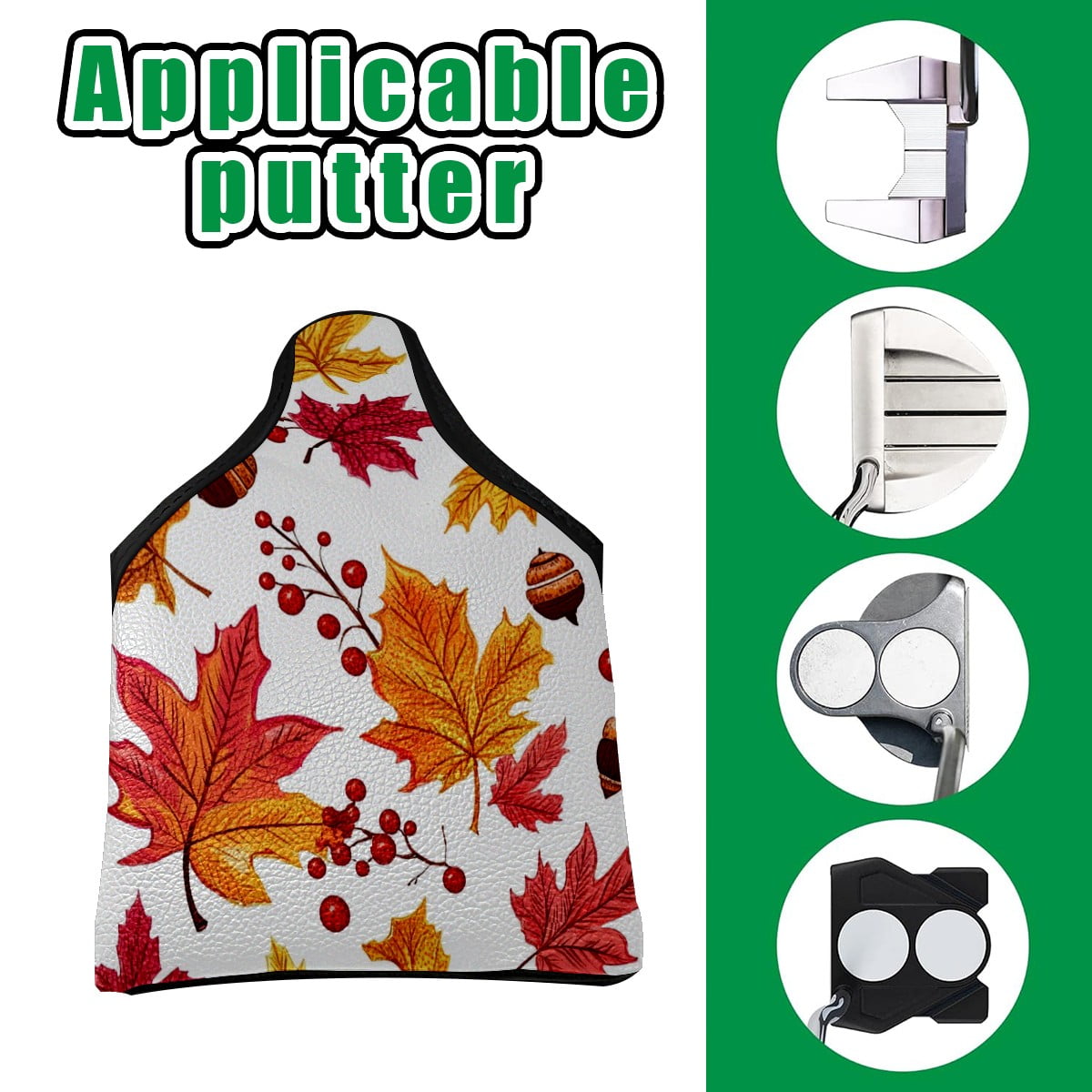 Golf Mallet Putter Cover Premium Leather Waterproof Golf Putter Head Cover with Magnetic Closure Autumn Maple Leaves