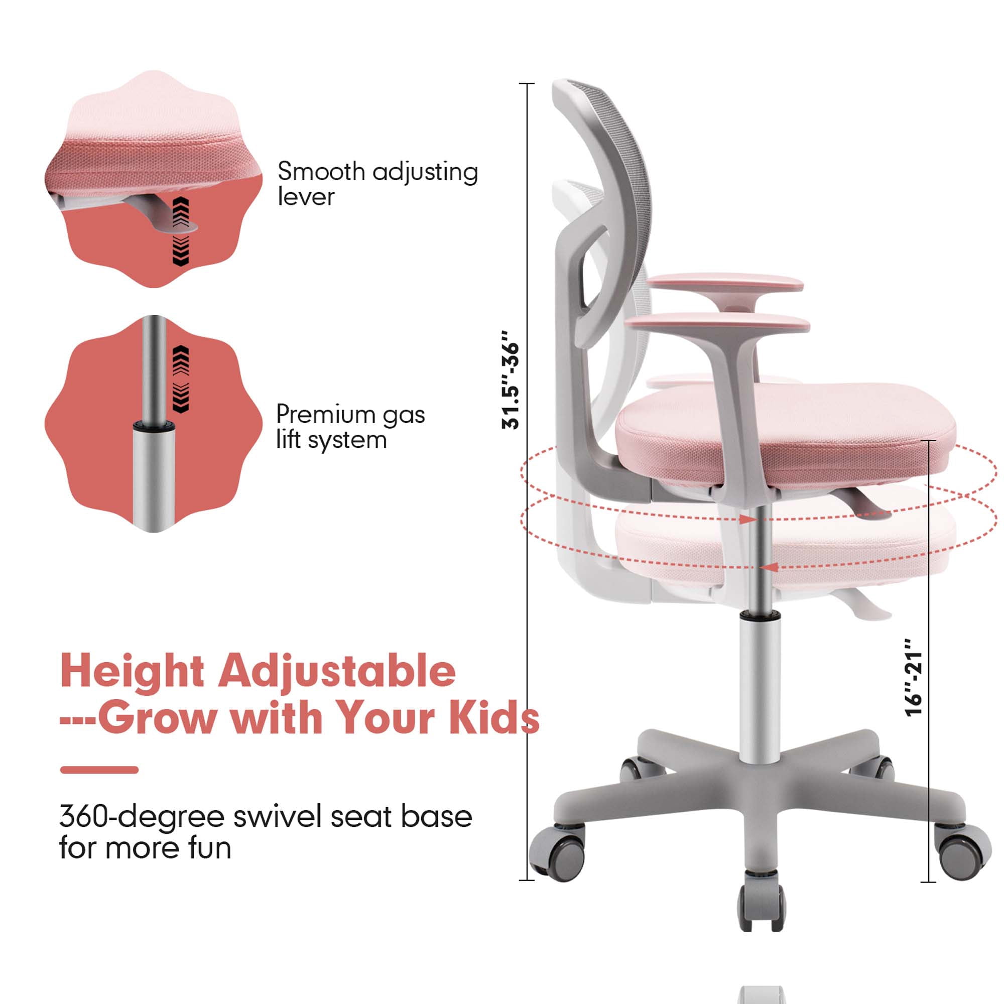 Costway Auto Lock Kids Mesh Chair with Armrests Height Adjustable 360-Degree SwivelPink