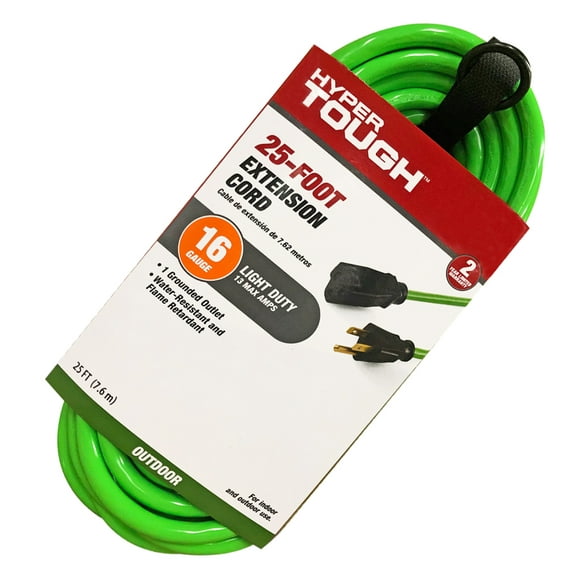 Hyper Tough 25FT 16AWG 3 Prong Hi-Vis Green Single Outlet Outdoor Extension Cord, 13 amps
