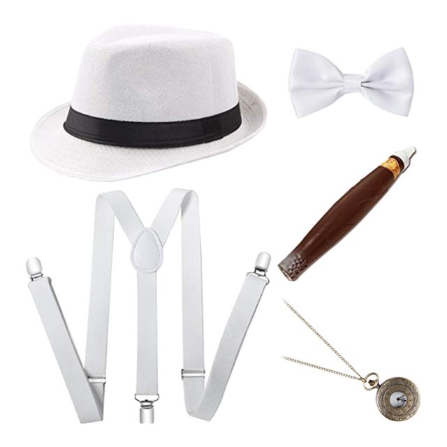 Conjunto de disfraces de accesorios para hombres de los años 20: sombrero , , pajarita, reloj y de plástico Blanco Baoblaze Disfraces de cosplay para hombres