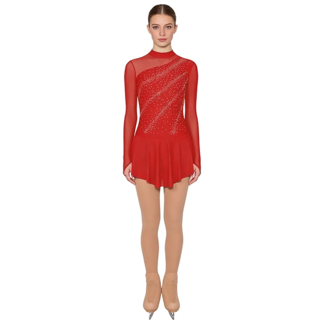 Moggemol Womens 2-Piece Rhinestone Figure Ice Skating Dress with Mesh Boot Cover Tights Set Red S