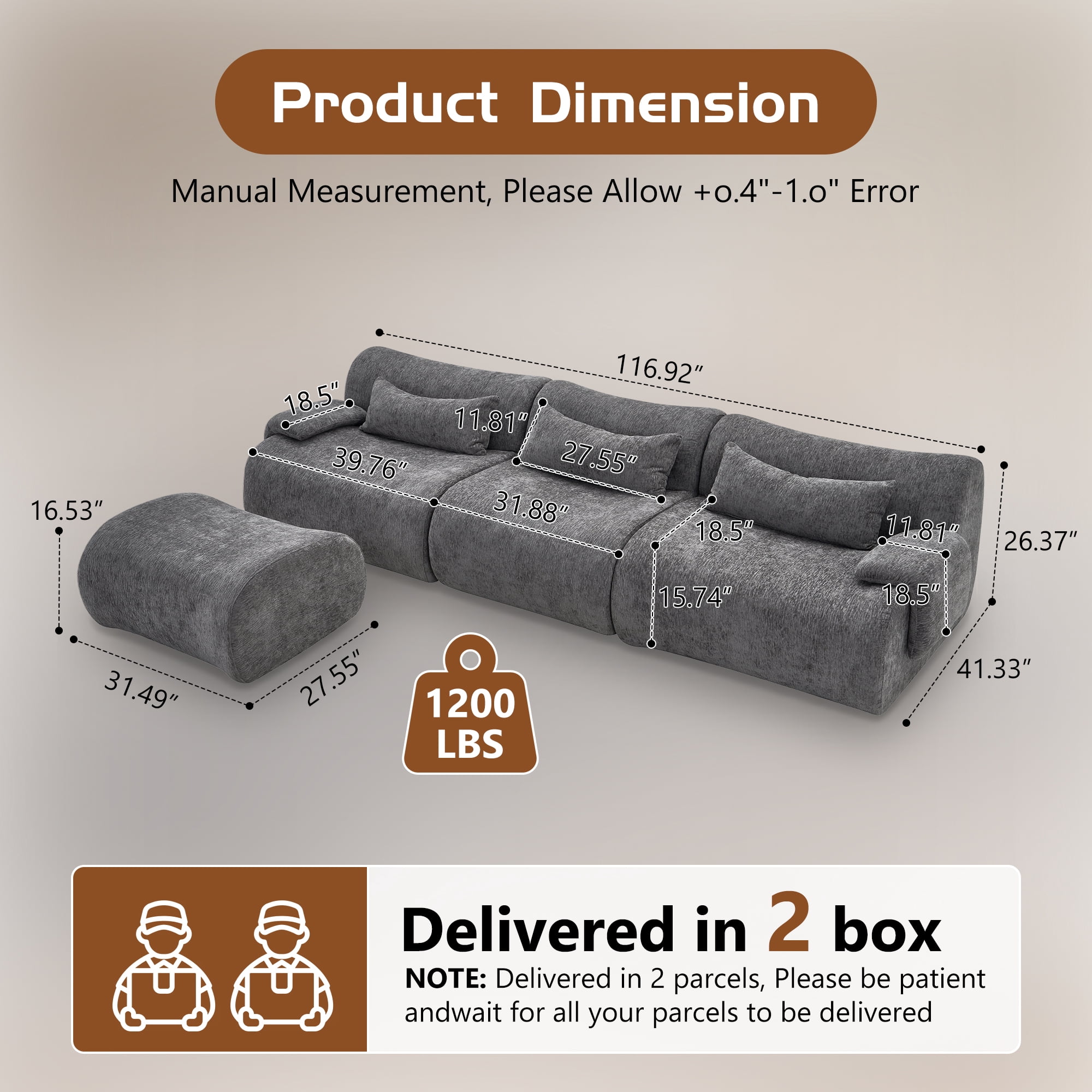 117" No Assembly Modular Boneless Sofa, L-Shaped Deep Seat Cloud Couch with Reversible Ottoman