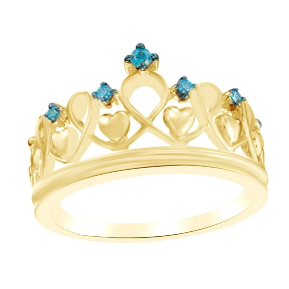 AFFY Round Shape 0.1 Cttw Blue Diamond Hearts Crown Ring In 14K Yellow Gold Over Sterling Silver