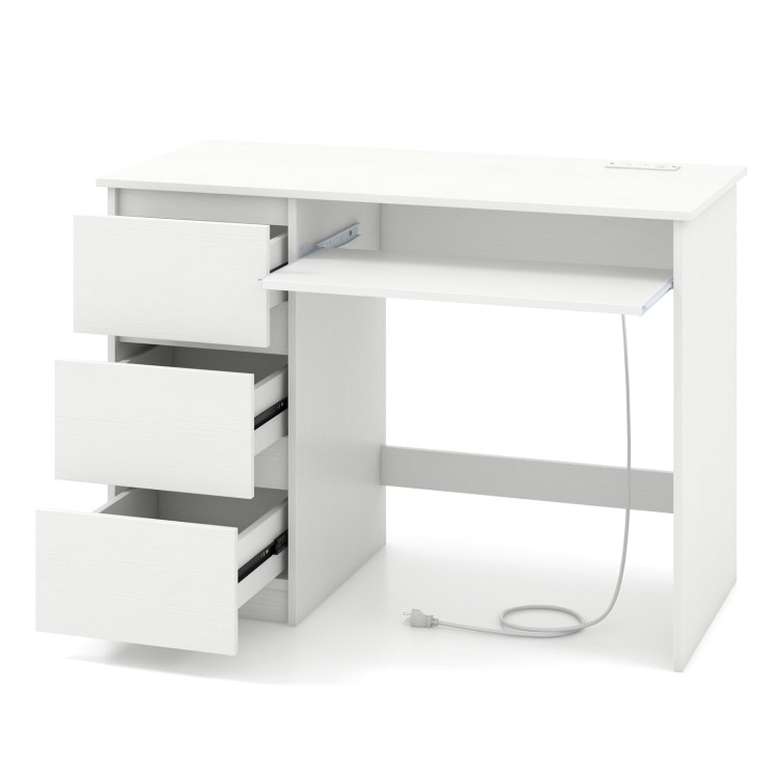 Furnibear Computer Desk with Power Outlet Keyboard Tray and 3 Large Drawers, White