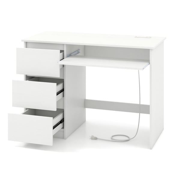 Furnibear Computer Desk with Power Outlet, Keyboard Tray and 3 Large Drawers, Home Office Writing Desk with USB Type-C Ports for Study Gaming, White