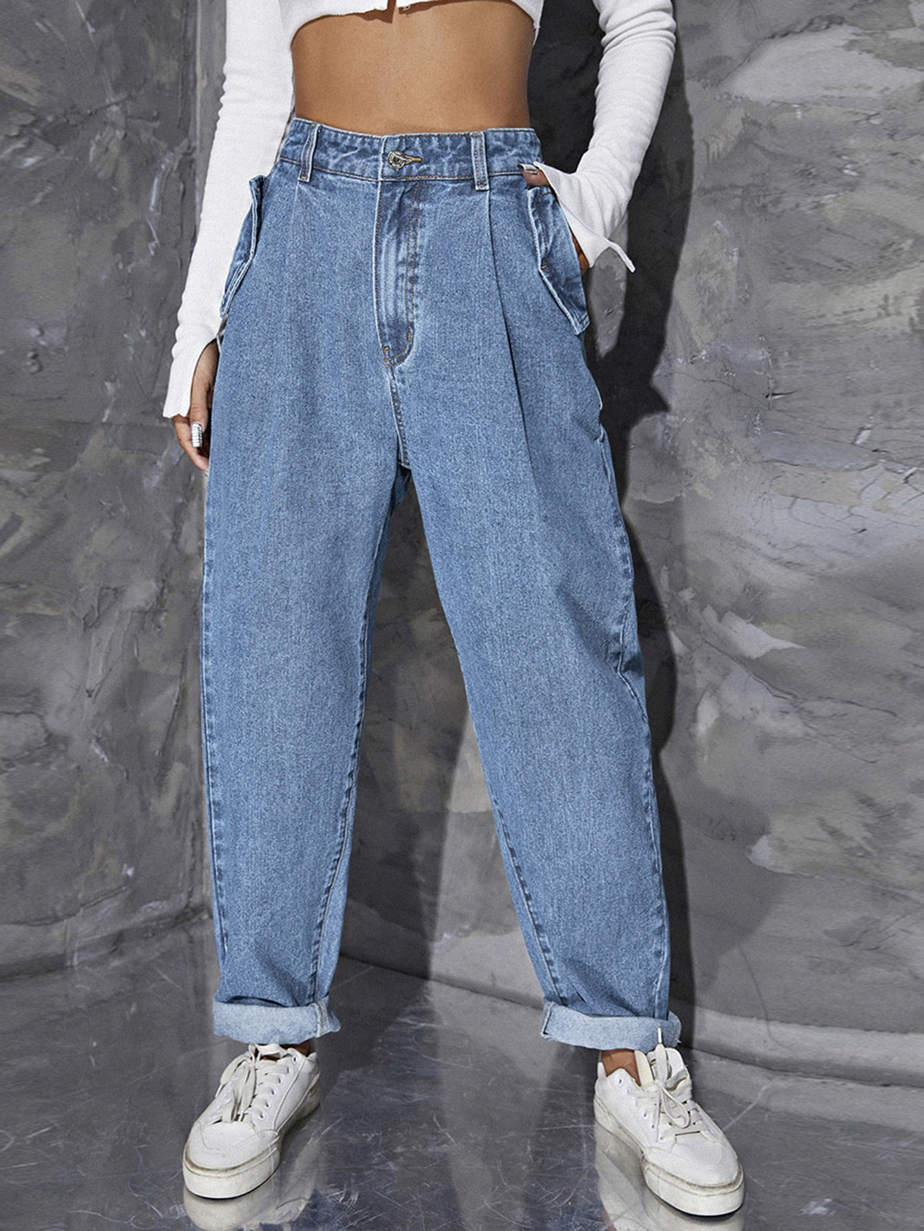 High Waist Baggy Roll Hem Jeans 2022 XS 