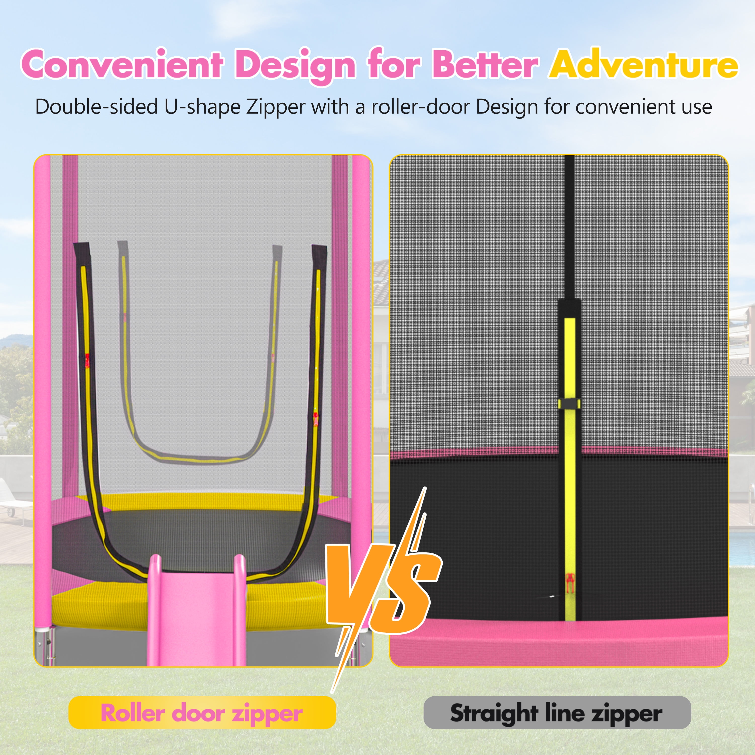EUROCO 7FT Trampoline with Removable Slide, Kids Indoor Outdoor Trampoline with Enclosure Net and Ladder, Pink