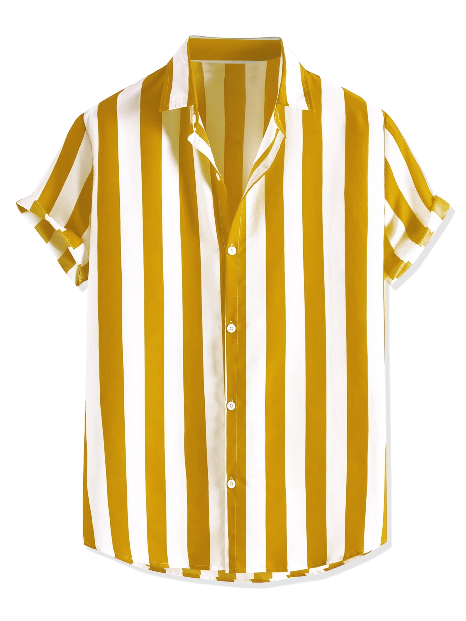 Unique Bargains Men's Short Sleeved Color Block Button Down Beach Stripe Shirt M Yellow