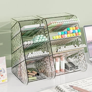 Desktop Organizer with Slant Design, Transparent Plastic Pen Holder and Stationery Storage Box for Office Supplies, Multifunctional Desktop Organizer for Learner and Home Office Use