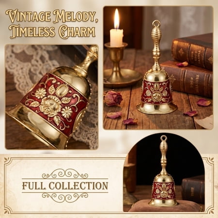 Vintage Brass Hand Bell Ornate Floral Engraved Hand Call Bell Loud Clear Ring Solid Brass Dinner Bell for Wedding Bedside Christmas Holiday Party (Red)
