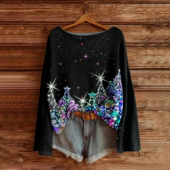 Uootdi Christmas Sweater for Women Halloween Womens Long Sleeve Boho Plus Size Knit Tops for Women Elk Gift Snowman Snowflake Pri nted