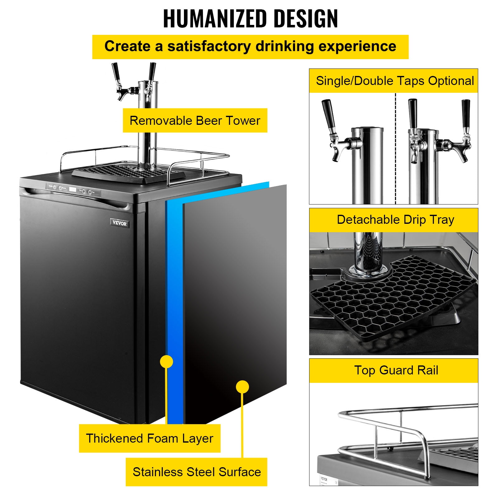 VEVOR VEVOR Beer Kegerator, Dispensador de cerveza de barril de doble  grifo, Refrigerador de barril de tamaño completo con estantes, Cilindro de  CO2, Bandeja de goteo y riel, Control de temperatura de