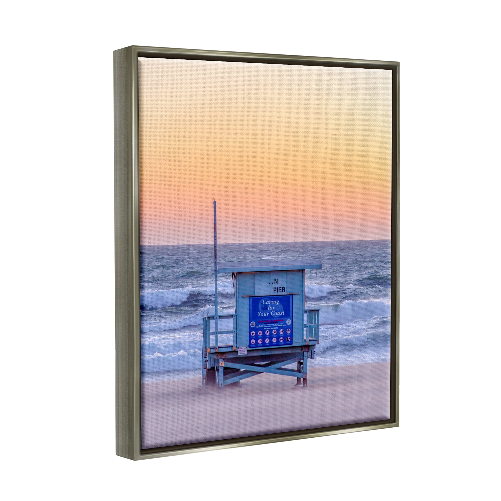 Stupell Industries Tranquil Orange Sunset Beach Hut Ocean Shore Photograph Luster Gray Floating Framed Canvas Print Wall Art, Design by Jeff Poe