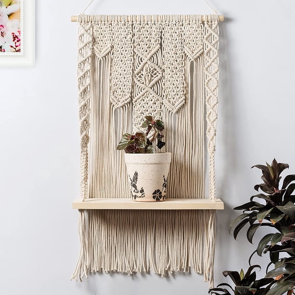 FineArt Macrame Wall Hanging Shelf Hand Woven Art Plant Holder Boho Floating Shelve Bohemian Home Decor for Living Room, Nursery, Office, Balcony Housewarming Gift