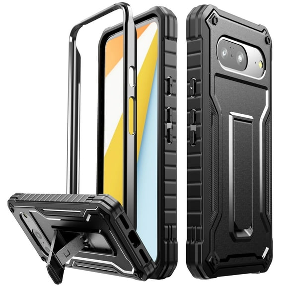 FITO For Google Pixel 8 Case, Rubber Shockproof Full-Body Phone Case with Kickstand (Black)