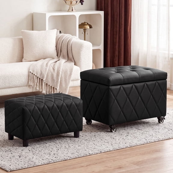 YIKEMA Set of 2 Storage Ottoman, 58L Large Leather Ottoman with Wheels | Small with Foot Pads, Rectangle Ottoman with Storage, Multifunctional Foot Rest for Living Room Bedroom Entryway Black