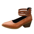 thumbnail image 2 of GERsome Women's Low Block Heels Closed Pointy Toe Ankle Buckle Chunky Heels Pumps Casual Wedding Dress Shoes, Brown Size 9.5, 2 of 9