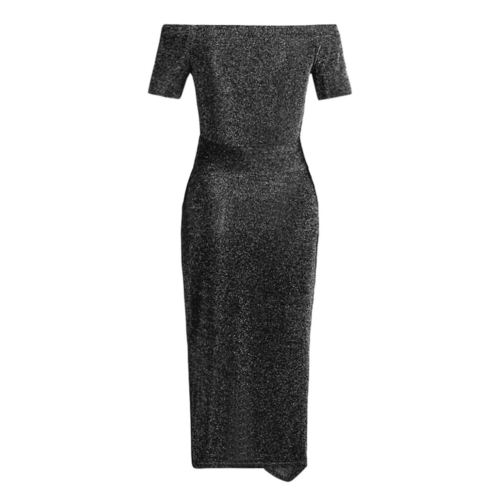 XUELUO Summer Dresses For Women Sequins Solid Color Off Shoulder Short Sleeve A Line Slim Bodycon Dress Beachwear,Black,M