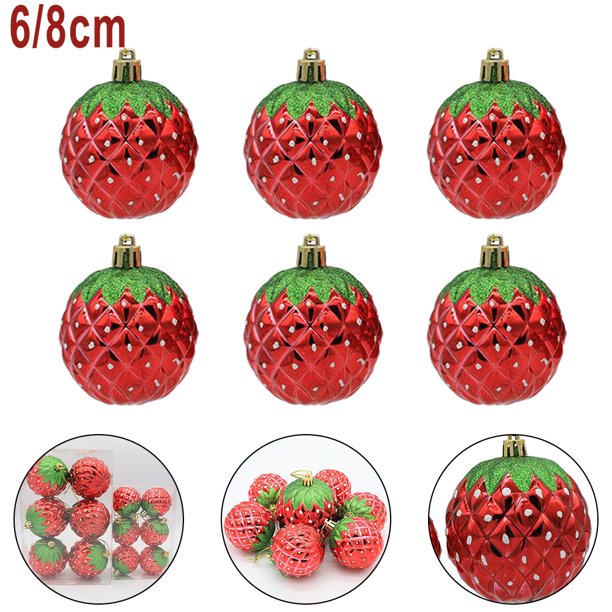 6Pcs Christmas Tree Electroplating Painted Strawberry Pendant Kid Gift Xmas Decor 3.2inch