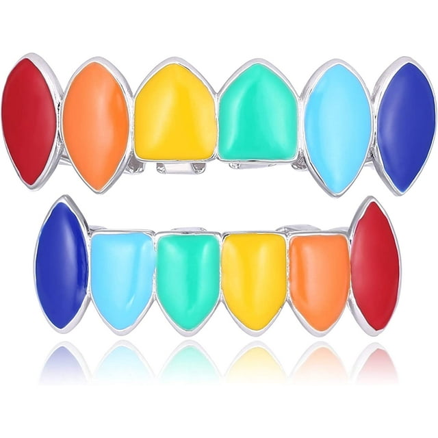 Rainbow Grill 14K chapado en oro Hip Hop Colorful Rainbow Vampire Teeth Grill + 2 barras de formación adicionales Zhivalor LRWJ454-2