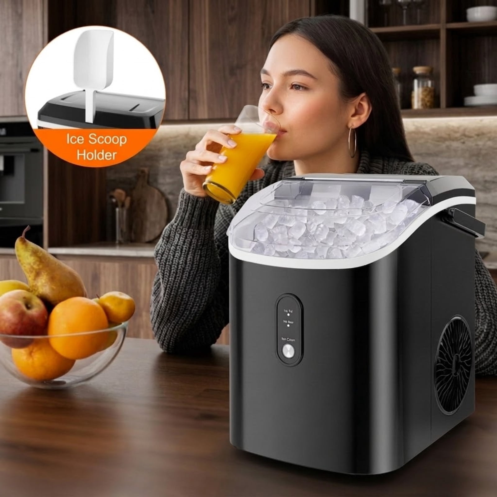 RUIE Nugget Ice Maker Countertop, Soft Chewable Pellet Ice Machine 34 lbs/Day for Home Kitchen Office Bar, Portable Ice Maker with Scoop, Black