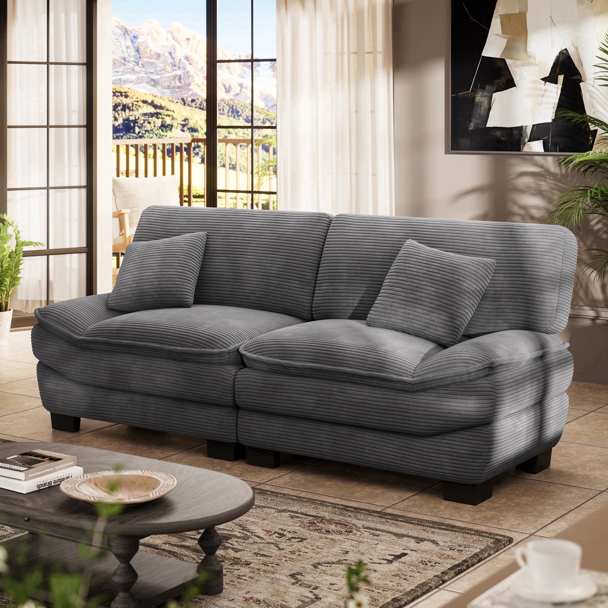 Fort Mok 87" Corduroy Couch with Washable Cover, Deep Seat Sofa with 2 Pillows for Living Room, Modern Sailboat-Shaped Armrest Loveseat for Small Space Apartment - Gray