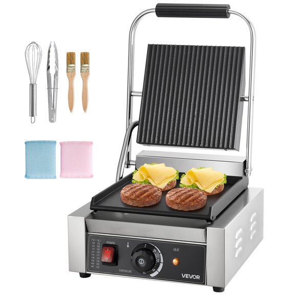 VEVOR Commercial Panini Grill, 1800W Electric Sandwich Panini Maker, Stainless Steel Sandwichs Press Grill with Handle and Temp Control, 8.8x9 in Flat Enamel Plate, for Hamburger Steak Bacon