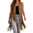 thumbnail image 2 of Chiccall Women's Solid Faux Suede Fringe Vest, Sleeveless Open Front Long Cardigan Vest, Western Cowboy Style Tassel Sleeveless Layering Jacket, 2 of 10