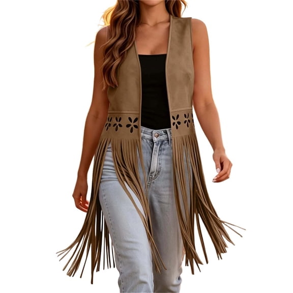 APEXFWDT Western Fringe Suede Vest for Women, Sleeveless Open Front Hollow Out Long Tassel Casual Waistcoat