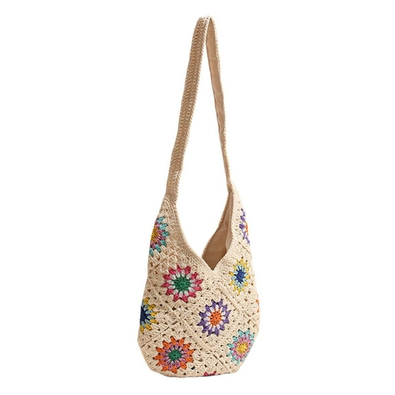 Women Knitted Crossbody Bag Beach Bag Fashionable Shoulder Bag Crochet Vacation Bag Colorful Flowers Handbag Purse