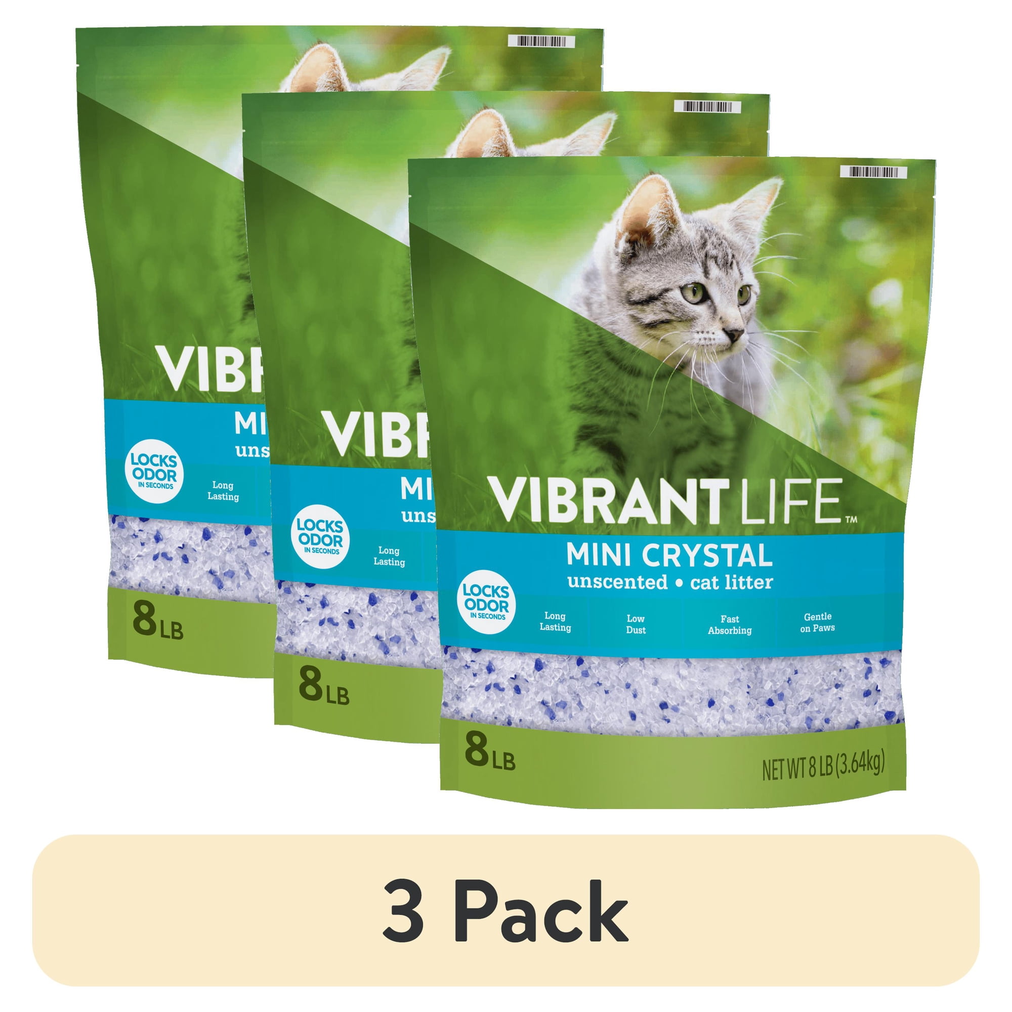 (3 pack) Vibrant Life Mini Crystal Cat Litter, Unscented, 8 lb Bag, 1 Count
