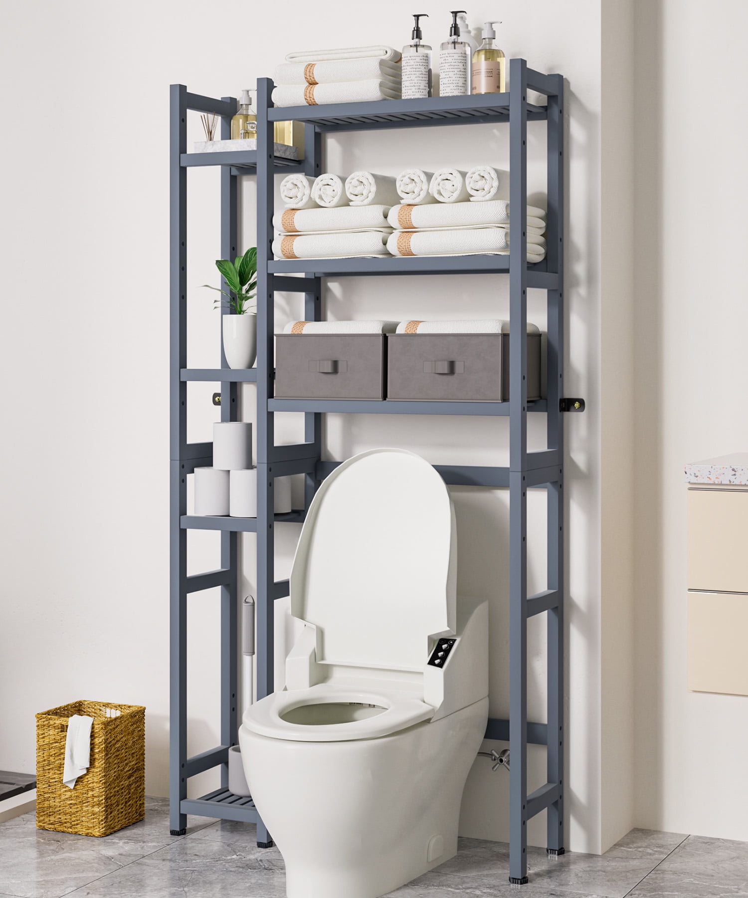 VigorPro Over the Toilet Storage, Bamboo Bathroom Organizer with Basket, Drawer, Waterproof Feet Pad, Adjustable Space-Saving Rack for Restroom and Laundry