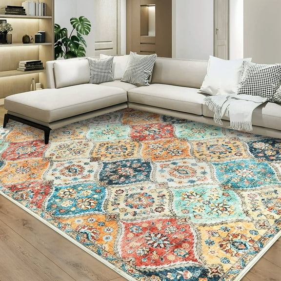 CAROMIO Washable Boho Rugs Bohemian Rugs Floral Distressed Area Rug Bedroom Large Rug Living Room Oriental Carpet, 8' x 10' Orange