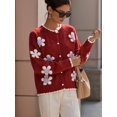 thumbnail image 6 of Women 3D Floral Applique Pearl Button Scalloped Trim Crew Neck Knit Cardigan Red S, 6 of 9