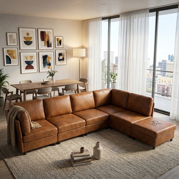 CKEASEAN 124" Leather Luxury Modular Corner L Shaped Sofa, Oversized 6-Seater Sectional Couch with Movable Ottoman, Durable Deep Seat Couches with Plastic Legs for Living Room, DIY Combination