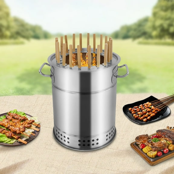 Smokeless Barbecue Charcoal Grill, Stainless Steel Portable kebab Surround Charcoal Barrel Shape Grill with 20 Skewers Grilling Accessories Set for Picnics, Camping (20 Skewers)
