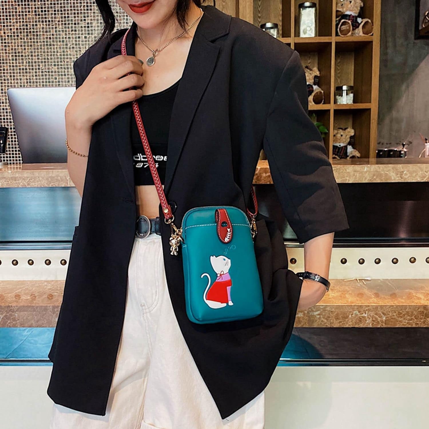 Small Crossbody Phone Bag for Women Leather Cute Cat Cellphone Purse Shoulder Bags PU Wallet