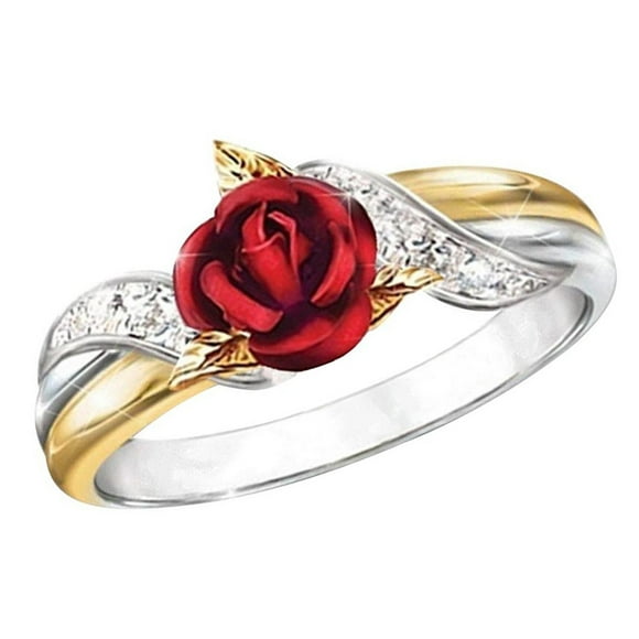 Minnieouse Anillo de rosa 3D para mujer, hojas de flores, diamantes de imitación, joyería de moda, regalo de estilo europeo para promesa, fiesta de Ropa, zapatos y accesorios Miscelánea siete Minnieouse AP006877-02