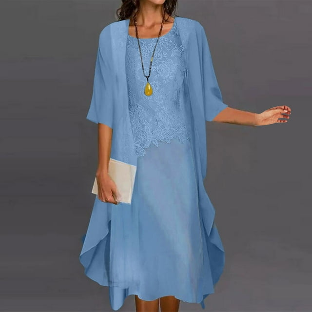 Weiqiqre Cardigans pour Femmes Grandes Tailles, Robe Décontractée en Dentelle Col Rond Sans Manches en Chiffon Uni Ensemble Deux Pièces Offres